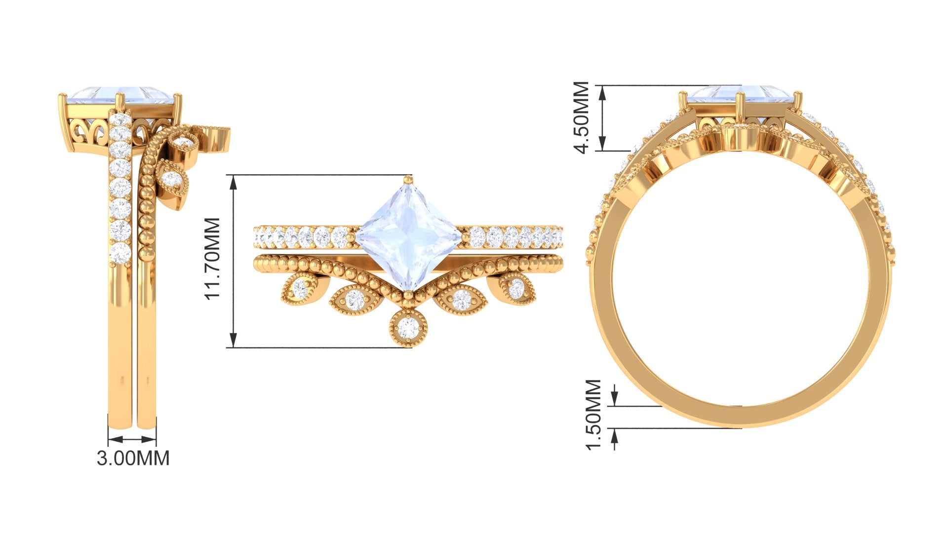 Princess Cut Moonstone Vintage Ring Set with Diamond Moonstone - ( AAA ) - Quality - Rosec Jewels
