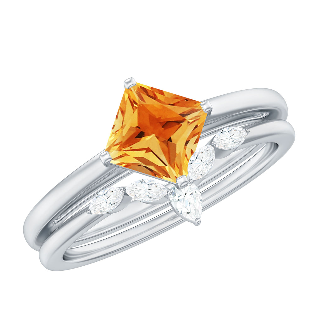 Princess Cut Citrine and Diamond Solitaire Ring Set Citrine - ( AAA ) - Quality - Rosec Jewels