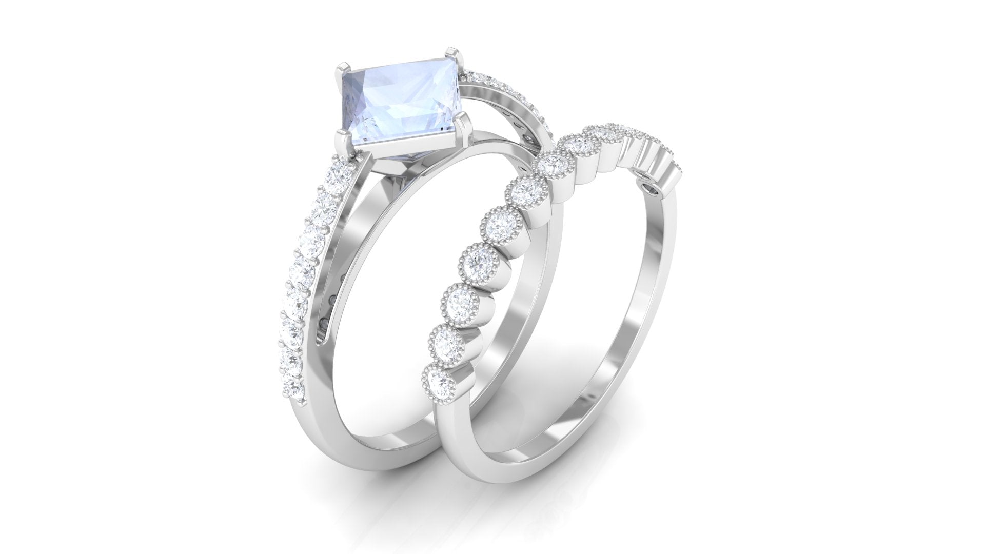 Solitaire Moonstone and Diamond Ring Set Moonstone - ( AAA ) - Quality - Rosec Jewels