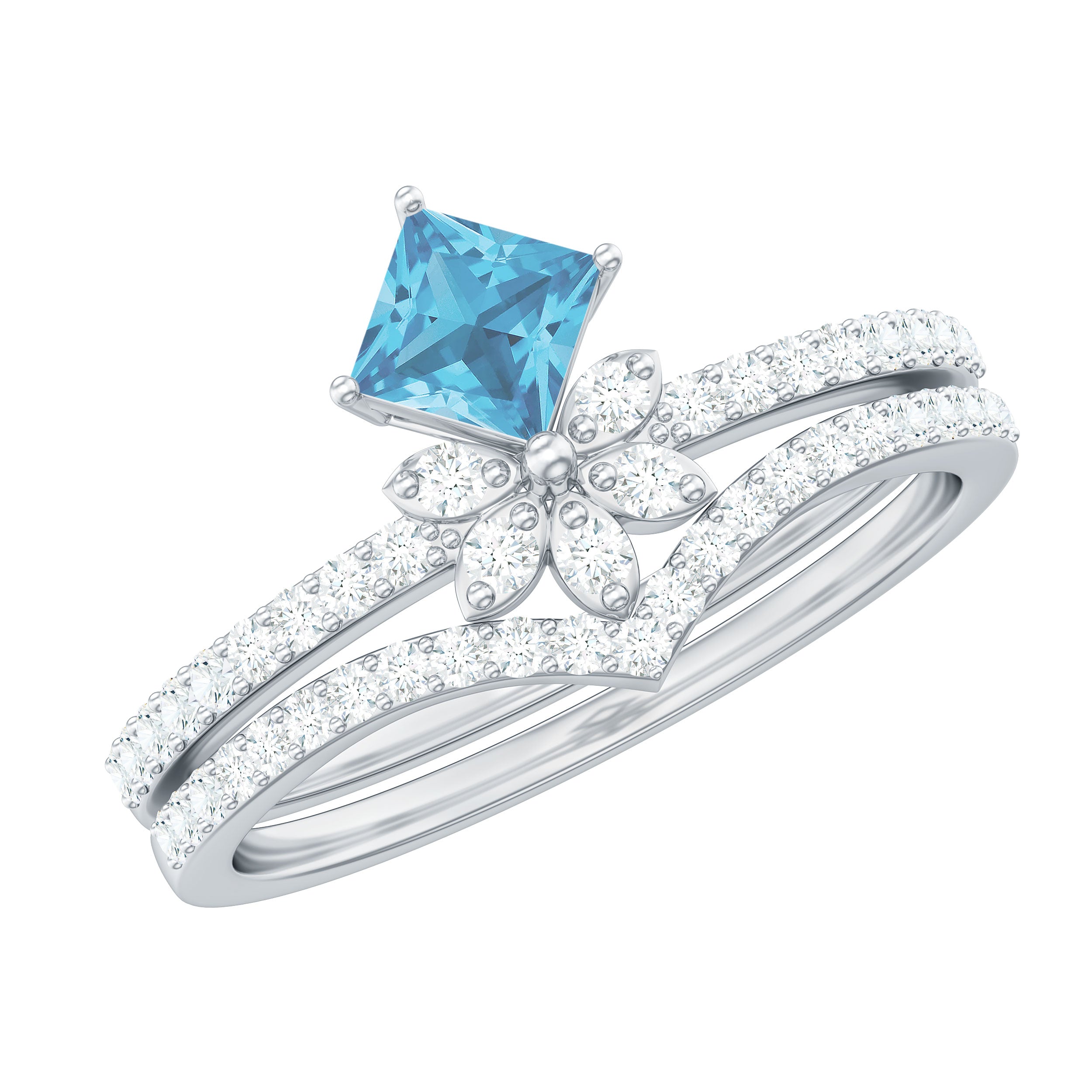 Princess Cut Swiss Blue Topaz and Diamond Flower Ring Set Swiss Blue Topaz - ( AAA ) - Quality - Rosec Jewels