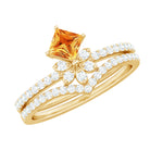 Princess Cut Citrine and Moissanite Flower Ring Set Citrine - ( AAA ) - Quality - Rosec Jewels