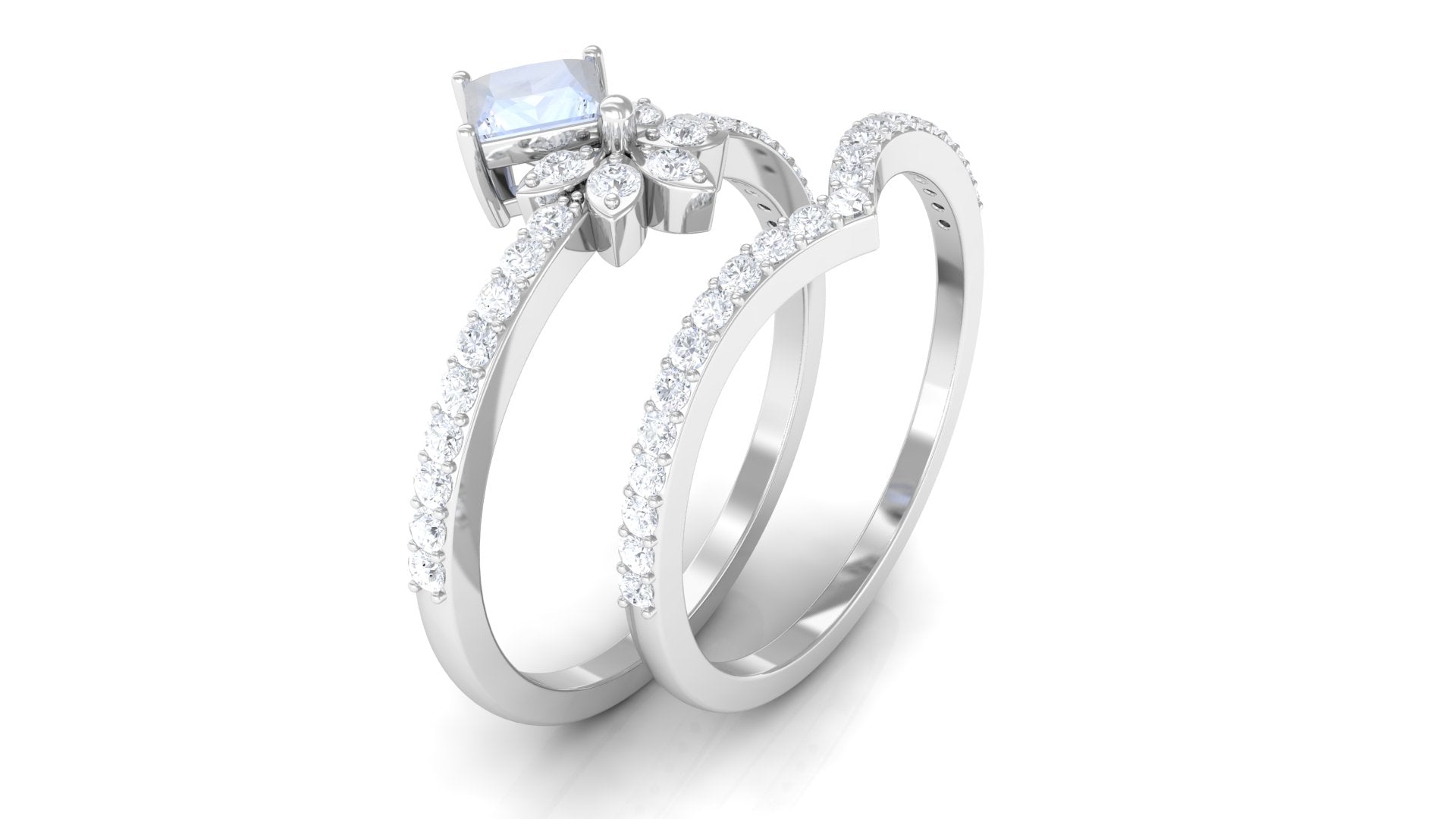 Princess Cut Moonstone and Diamond Flower Ring Set Moonstone - ( AAA ) - Quality - Rosec Jewels