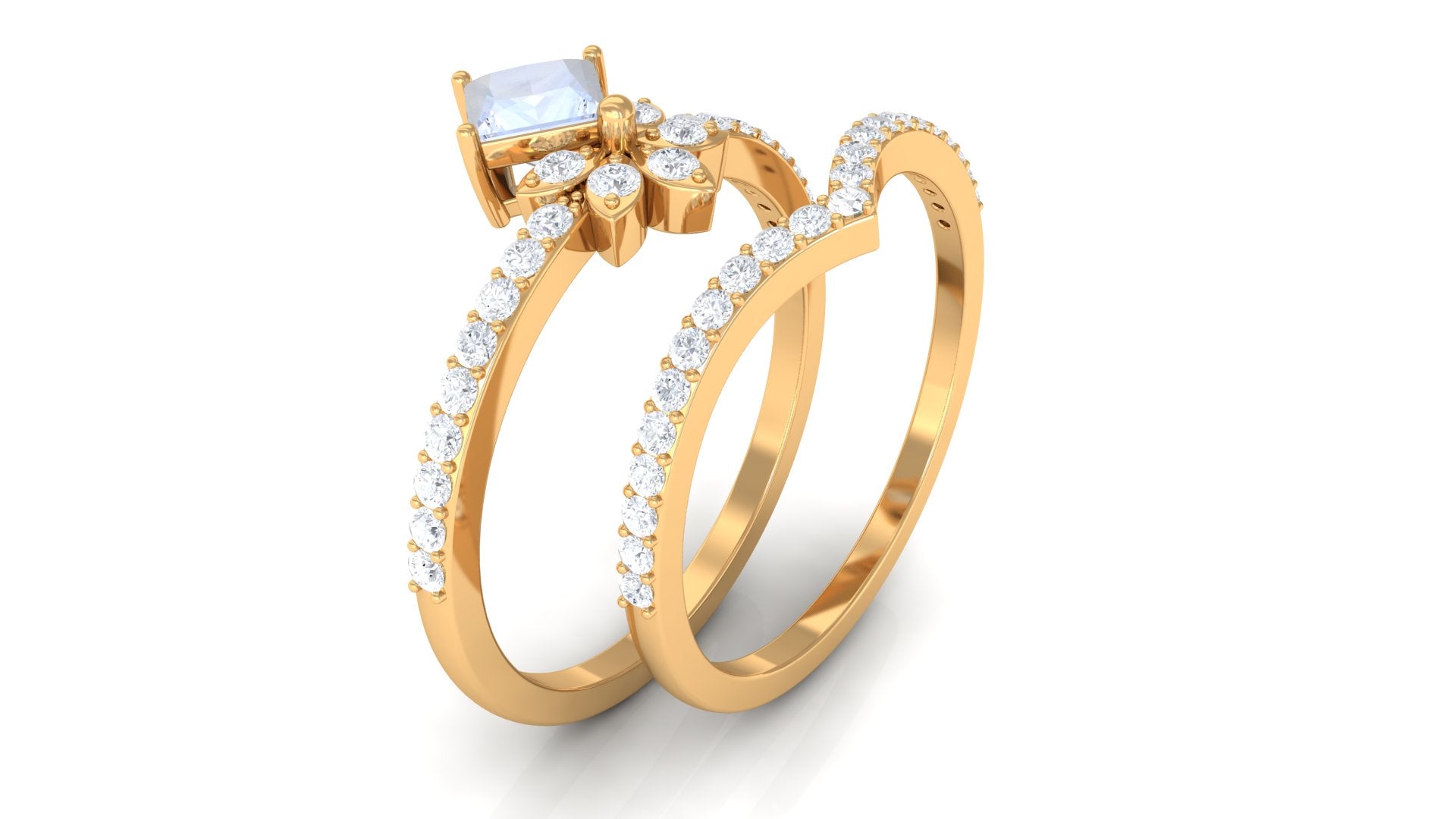 Princess Cut Moonstone and Diamond Flower Ring Set Moonstone - ( AAA ) - Quality - Rosec Jewels