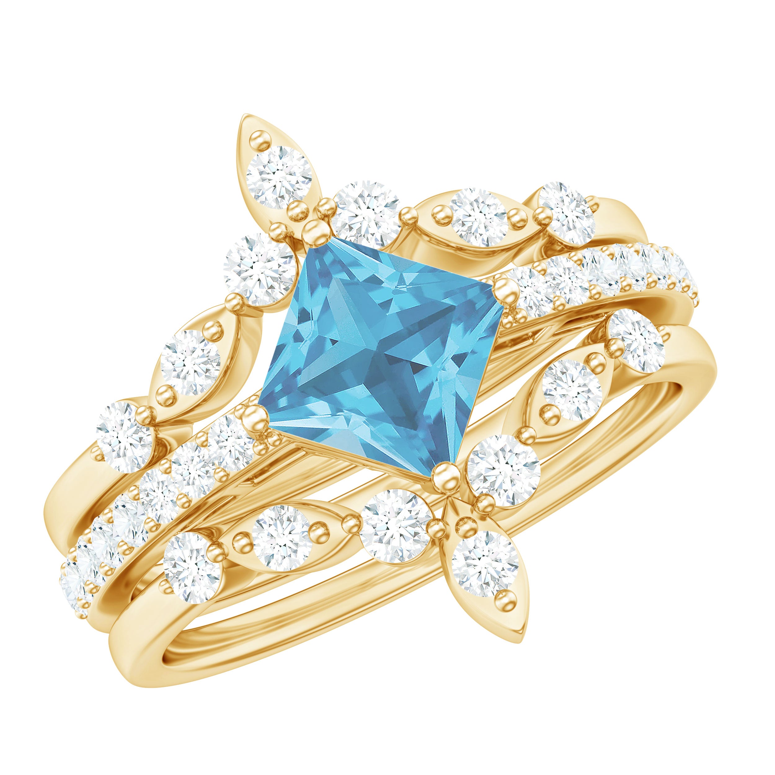 Princess Cut Swiss Blue Topaz and Moissanite Trio Wedding Ring Set Swiss Blue Topaz - ( AAA ) - Quality - Rosec Jewels