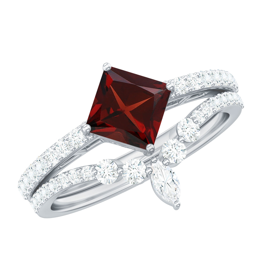 Princess Cut Solitaire Garnet Designer Ring Set with Diamond Garnet - ( AAA ) - Quality - Rosec Jewels
