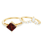 Princess Cut Solitaire Garnet Designer Ring Set with Diamond Garnet - ( AAA ) - Quality - Rosec Jewels