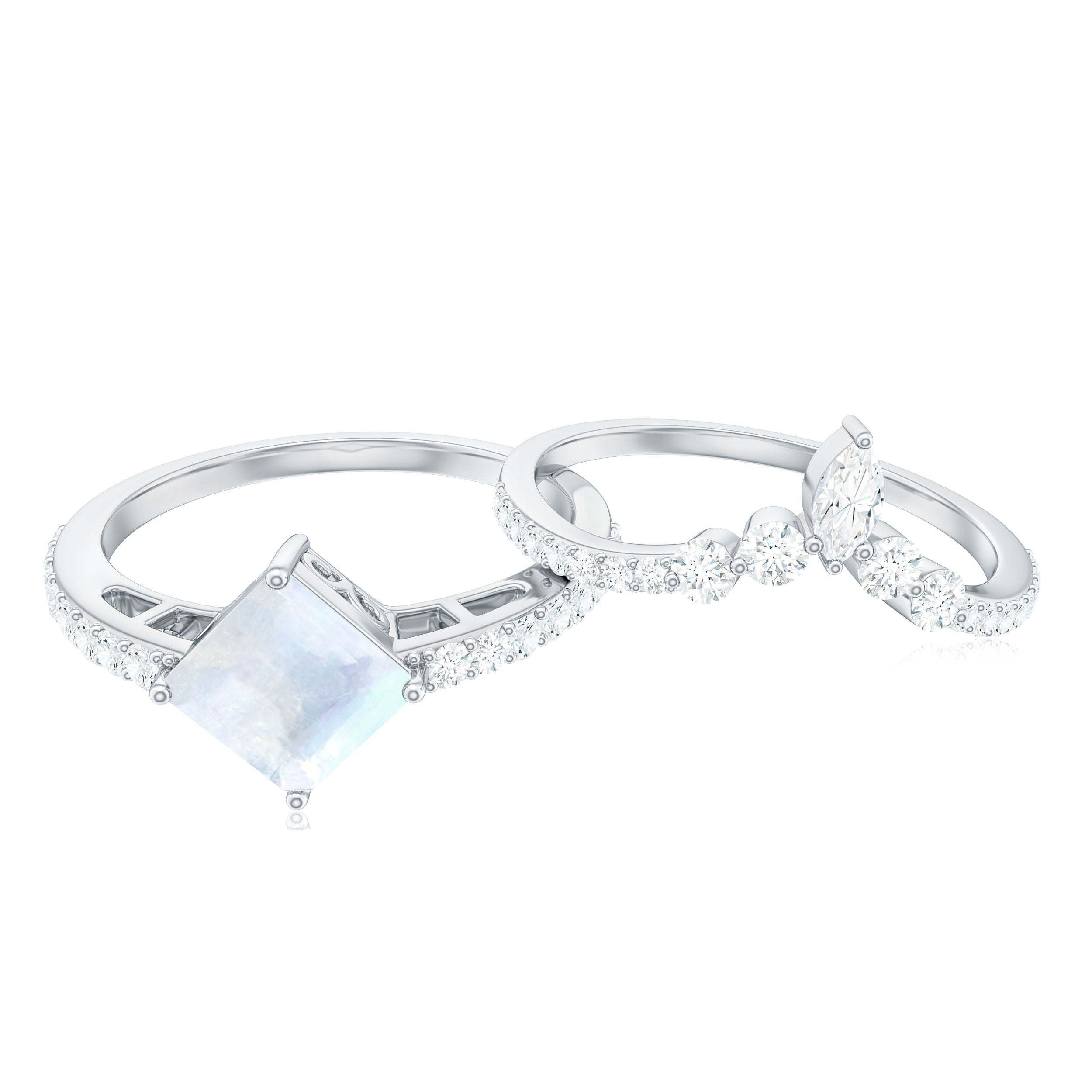 Princess Cut Solitaire Moonstone Designer Ring Set with Diamond Moonstone - ( AAA ) - Quality - Rosec Jewels