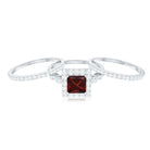 Princess Cut Garnet Bridal Ring Set with Moissanite Halo Garnet - ( AAA ) - Quality - Rosec Jewels