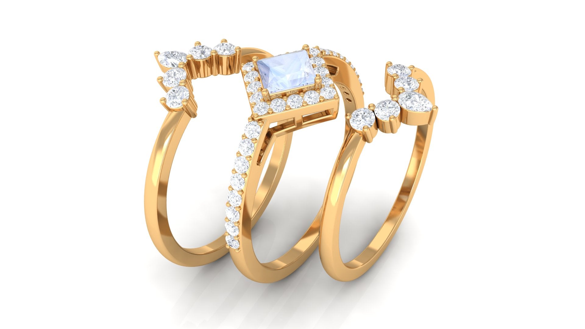 Natural Moonstone and Moissanite Trio Wedding Ring Set Moonstone - ( AAA ) - Quality - Rosec Jewels