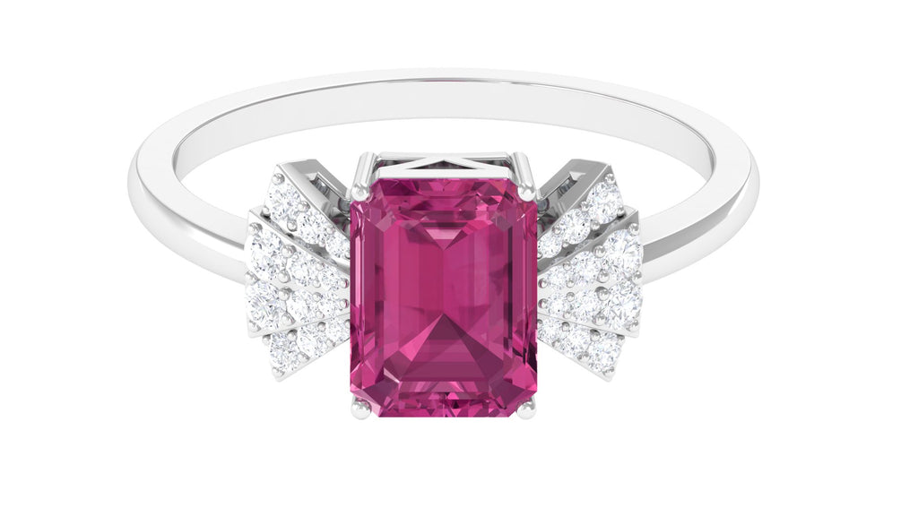 Octagon Cut Pink Tourmaline and Diamond Designer Solitaire Ring Pink Tourmaline - ( AAA ) - Quality - Rosec Jewels