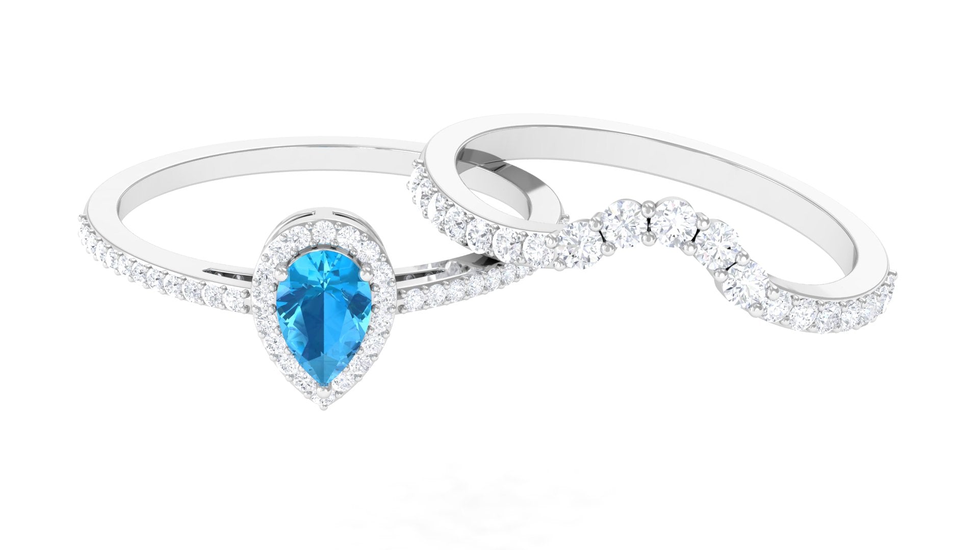 Swiss Blue Topaz Teardrop Designer Ring Set with Moissanite Swiss Blue Topaz - ( AAA ) - Quality - Rosec Jewels