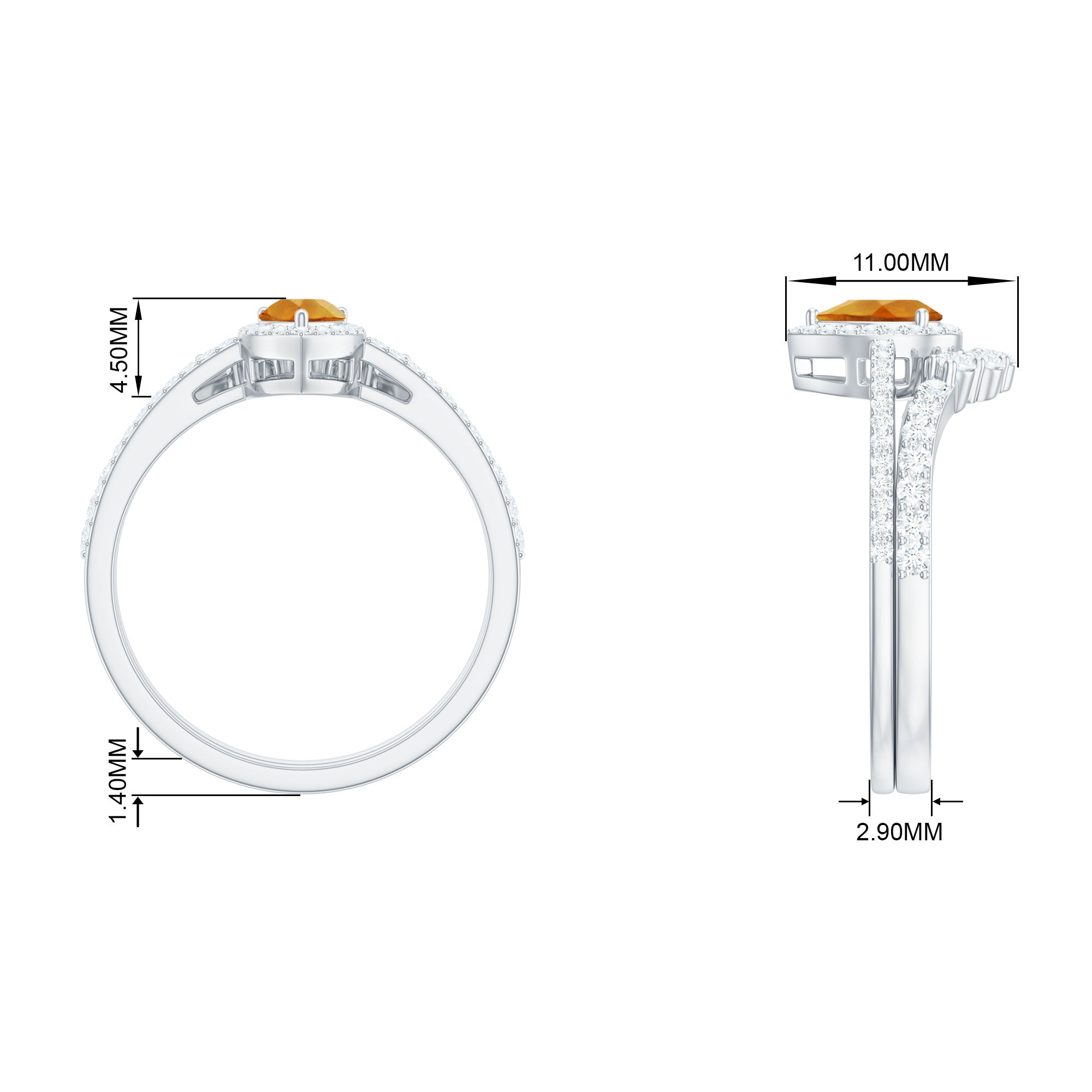 Citrine Designer Teardrop Ring Set with Moissanite Halo Citrine - ( AAA ) - Quality - Rosec Jewels