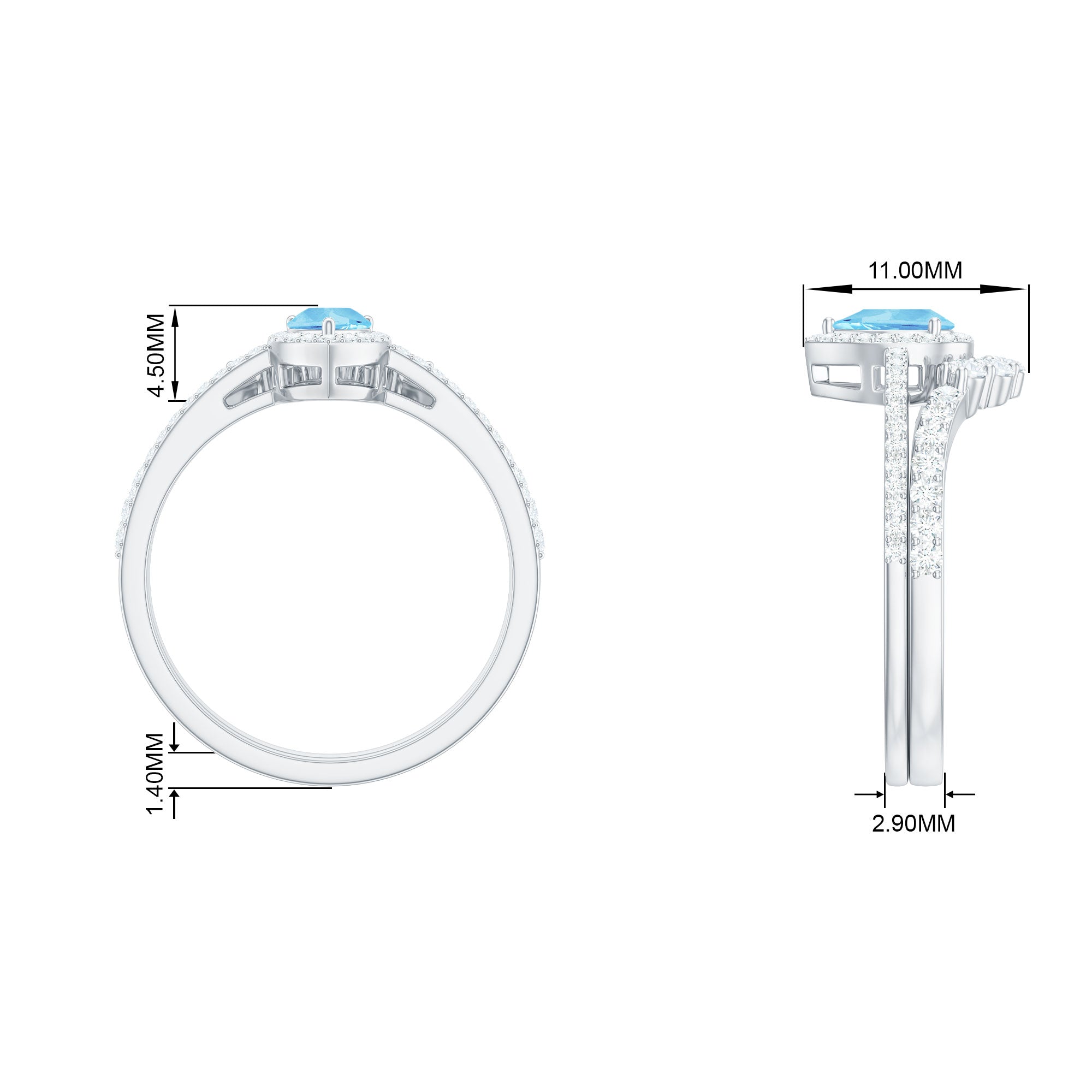 Aquamarine Designer Teardrop Ring Set with Diamond Halo Aquamarine - ( AAA ) - Quality - Rosec Jewels