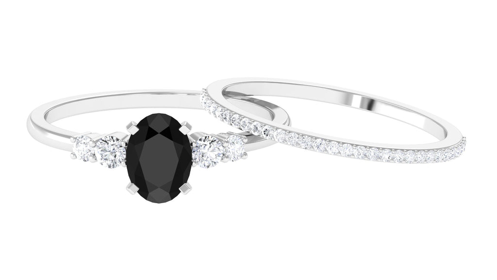 Oval Black Spinel Solitaire Ring Set with Diamond Black Spinel - ( AAA ) - Quality - Rosec Jewels