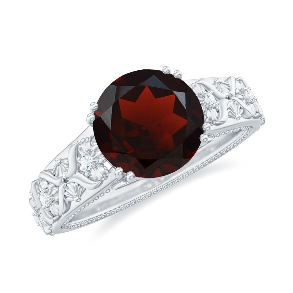 Solitaire Garnet Flower Engagement Ring with Diamond Garnet - ( AAA ) - Quality - Rosec Jewels