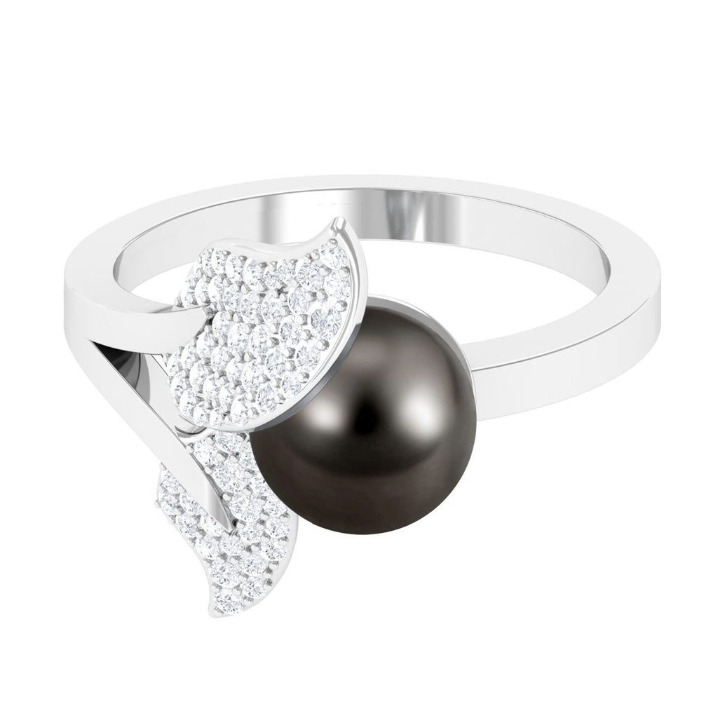 Round Tahitian Pearl and Diamond Leaf Engagement Ring Tahitian pearl - ( AAA ) - Quality - Rosec Jewels
