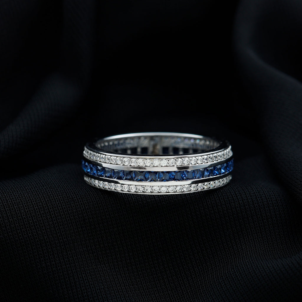 Channel Set Created Blue Sapphire Moissanite Eternity Ring Lab Created Blue Sapphire - ( AAAA ) - Quality - Rosec Jewels