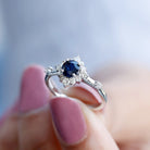 Round Blue Sapphire Classic Halo Engagement Ring with Diamond Blue Sapphire - ( AAA ) - Quality - Rosec Jewels