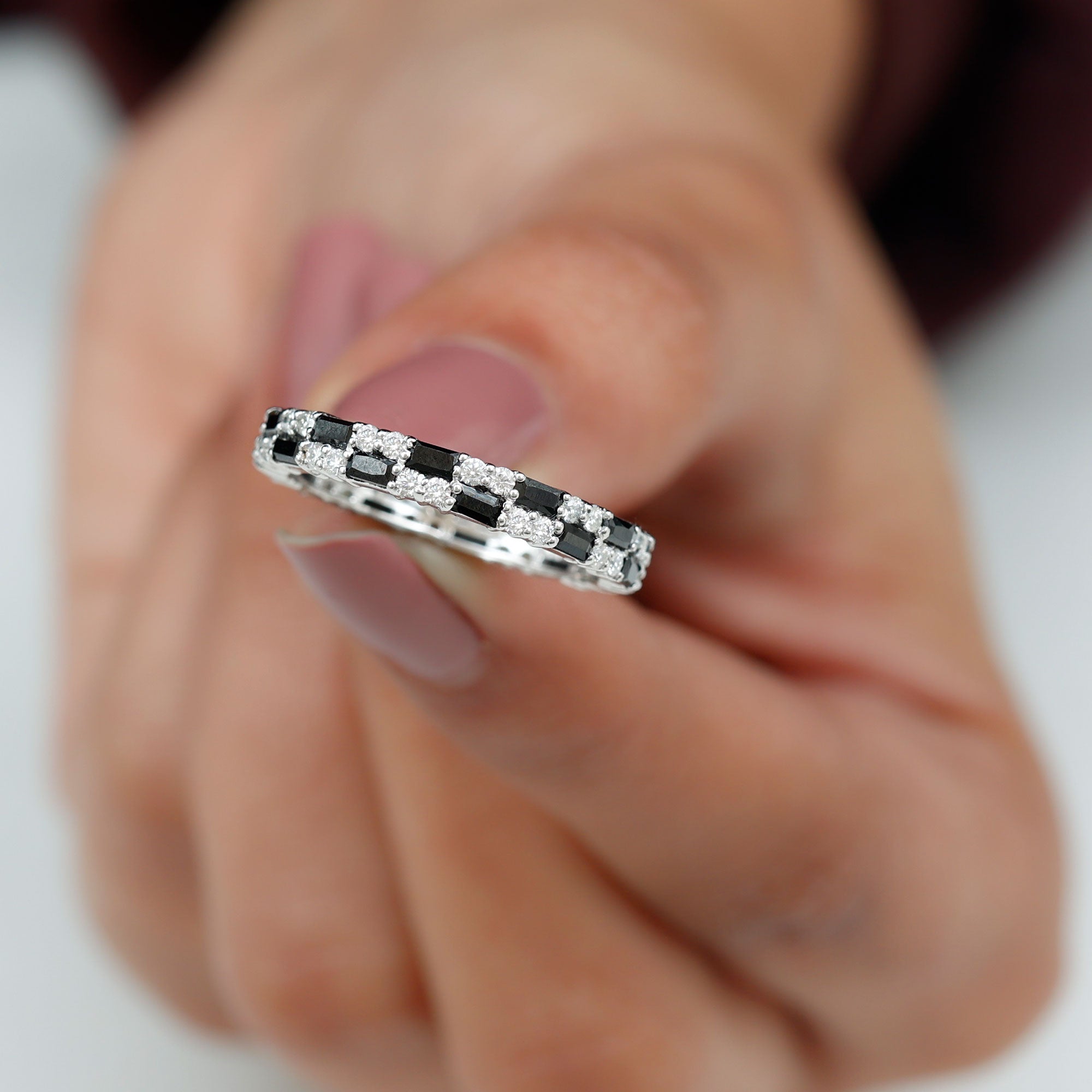 Lab Grown Black Diamond and Diamond Eternity Band Ring Lab Created Black Diamond - ( AAAA ) - Quality - Rosec Jewels