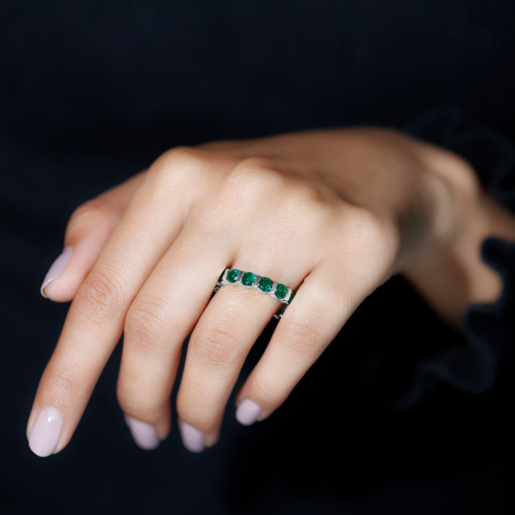 Round Created Emerald Gold Simple Eternity Band Ring in Bar Setting Lab Created Emerald - ( AAAA ) - Quality - Rosec Jewels