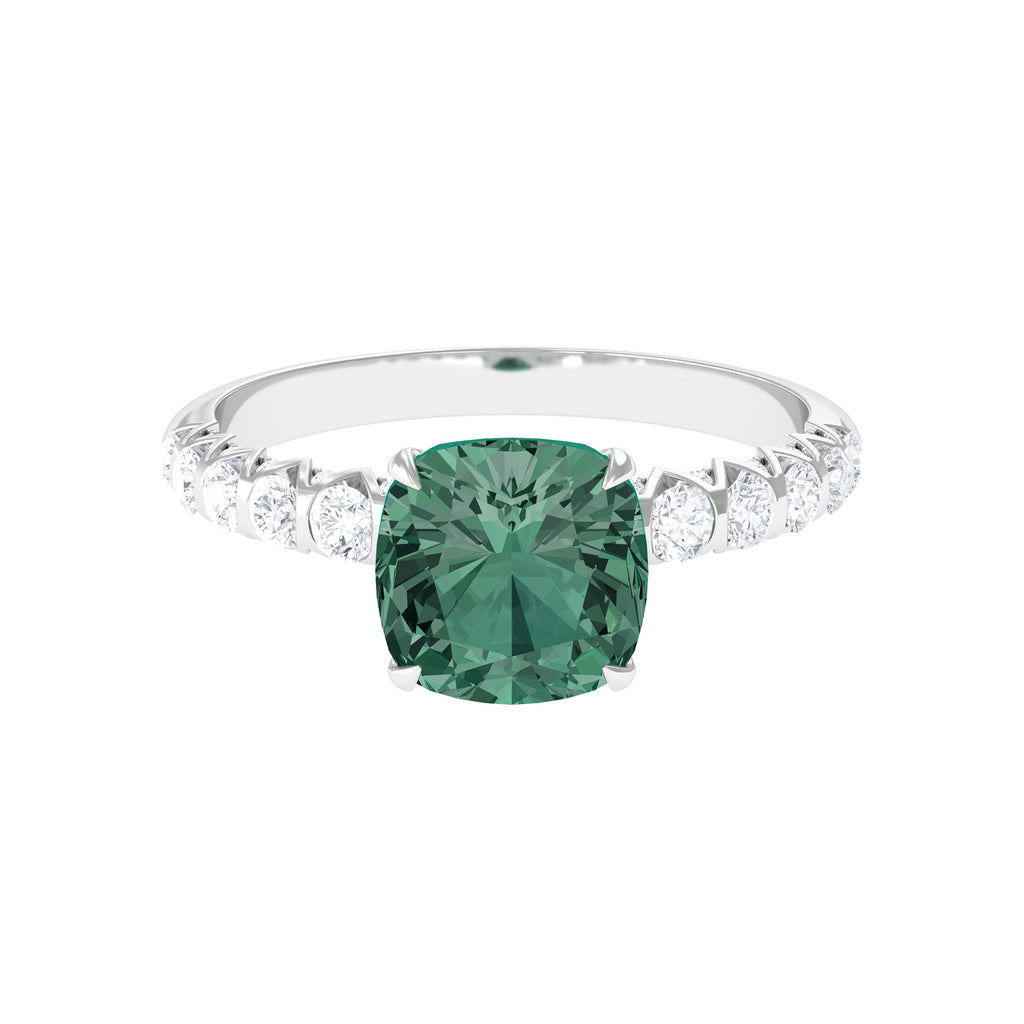 Cushion Cut Created Green Sapphire Engagement Ring with Moissanite Lab Created Green Sapphire - ( AAAA ) - Quality - Rosec Jewels