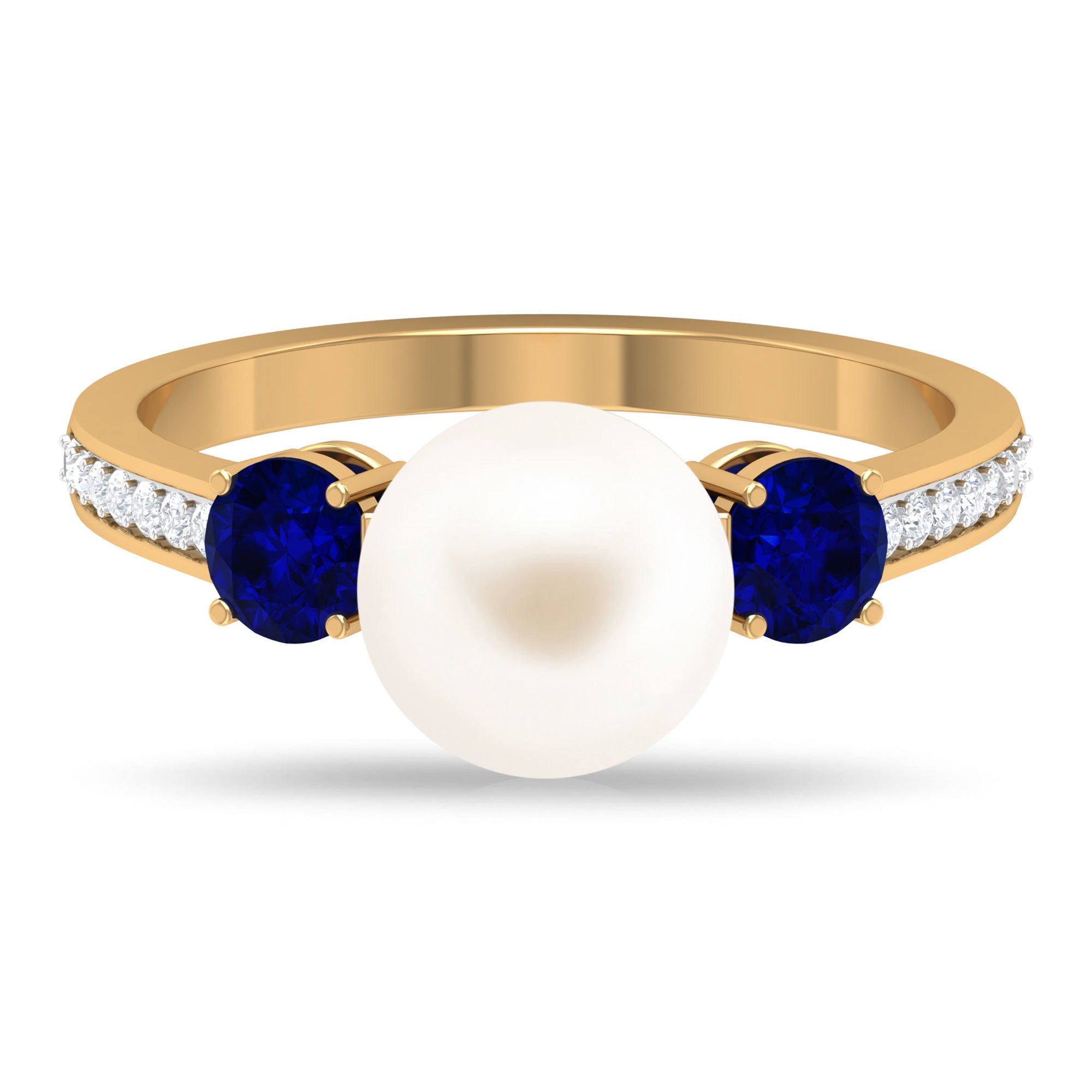 Freshwater Pearl and Blue Sapphire Engagement Ring with Moissanite Freshwater Pearl - ( AAA ) - Quality - Rosec Jewels