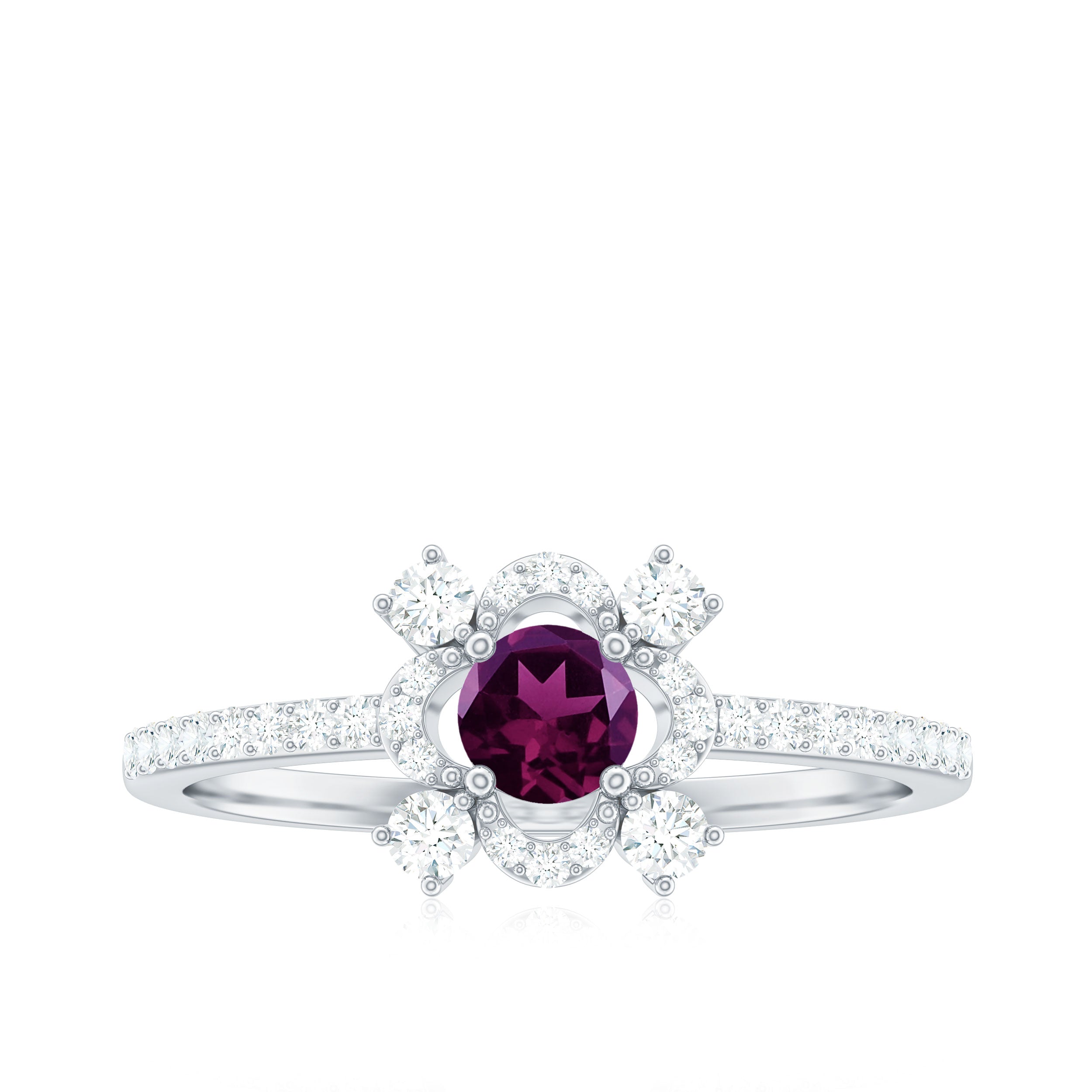 0.75 CT Natural Rhodolite Minimal Ring with Diamond Accent Rhodolite - ( AAA ) - Quality - Rosec Jewels