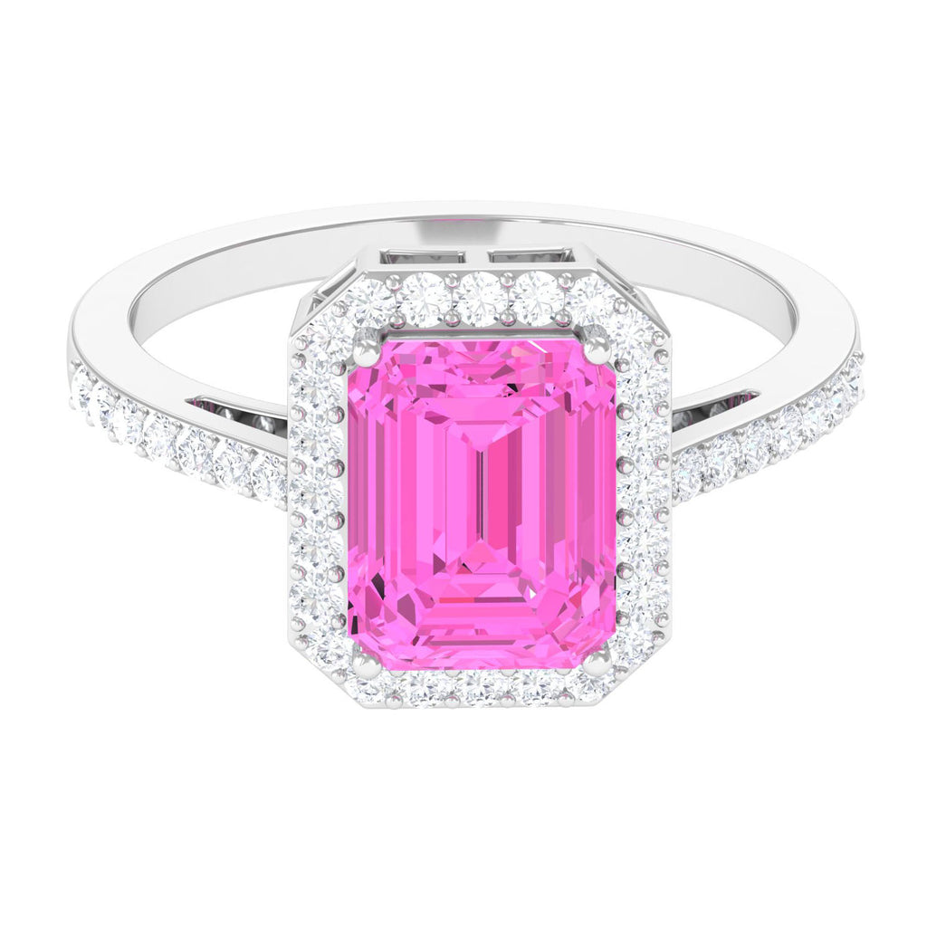 Lab Grown Pink Sapphire Emerald Cut Engagement Ring with Diamond Lab Created Pink Sapphire - ( AAAA ) - Quality - Rosec Jewels