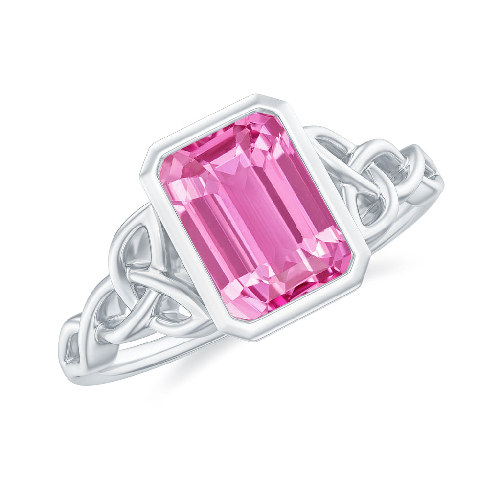 Emerald Cut Created Pink Sapphire Celtic Engagement Ring Lab Created Pink Sapphire - ( AAAA ) - Quality - Rosec Jewels