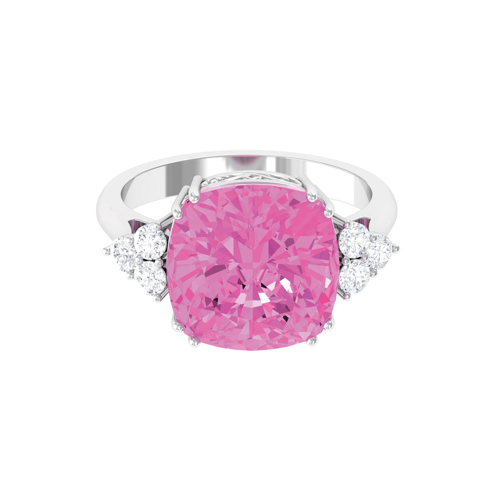 Created Pink Sapphire Solitaire Engagement Ring with Diamond Trio Lab Created Pink Sapphire - ( AAAA ) - Quality - Rosec Jewels