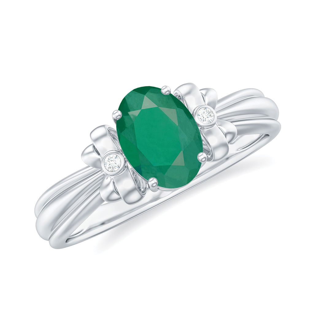 0.75 CT Oval Emerald Solitaire Floral Ring with Diamond Accent Emerald - ( AAA ) - Quality - Rosec Jewels