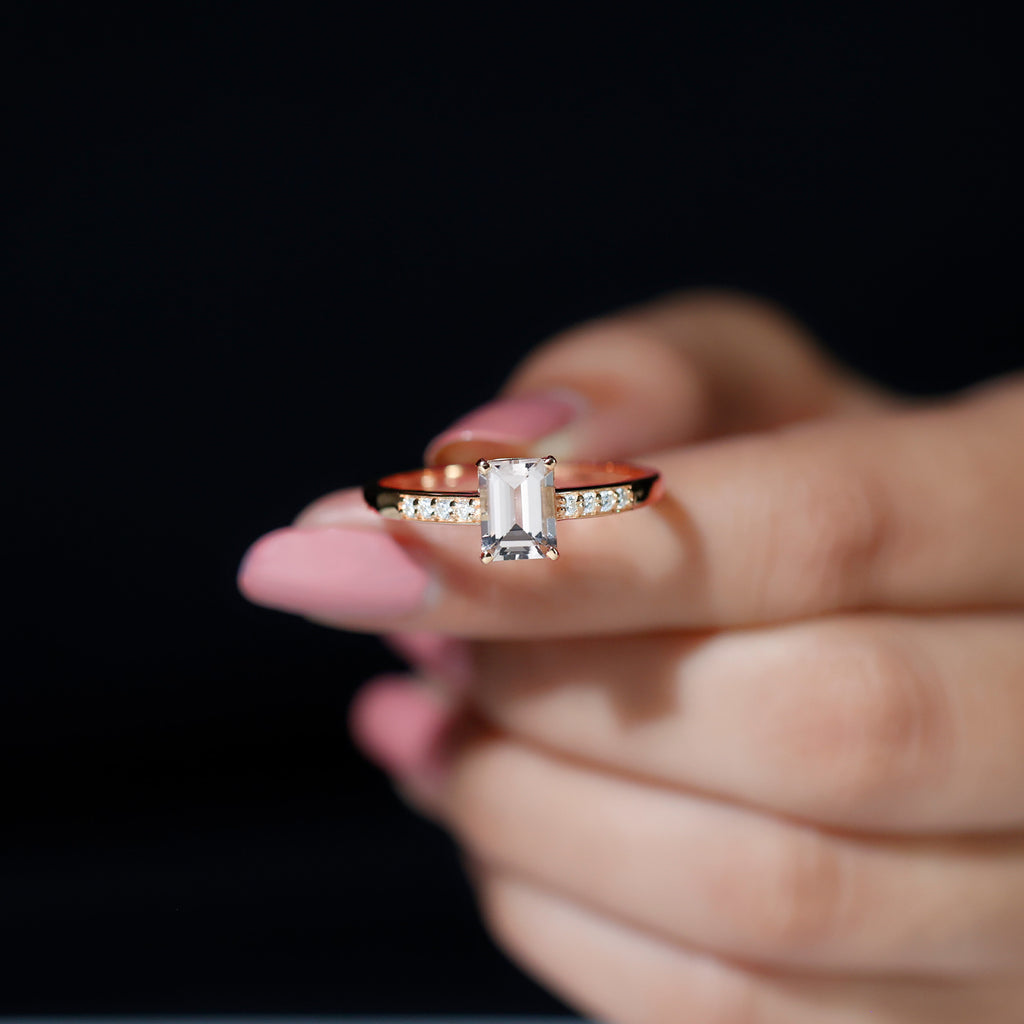 Emerald Cut Morganite Solitaire Ring with Diamond Morganite - ( AAA ) - Quality - Rosec Jewels