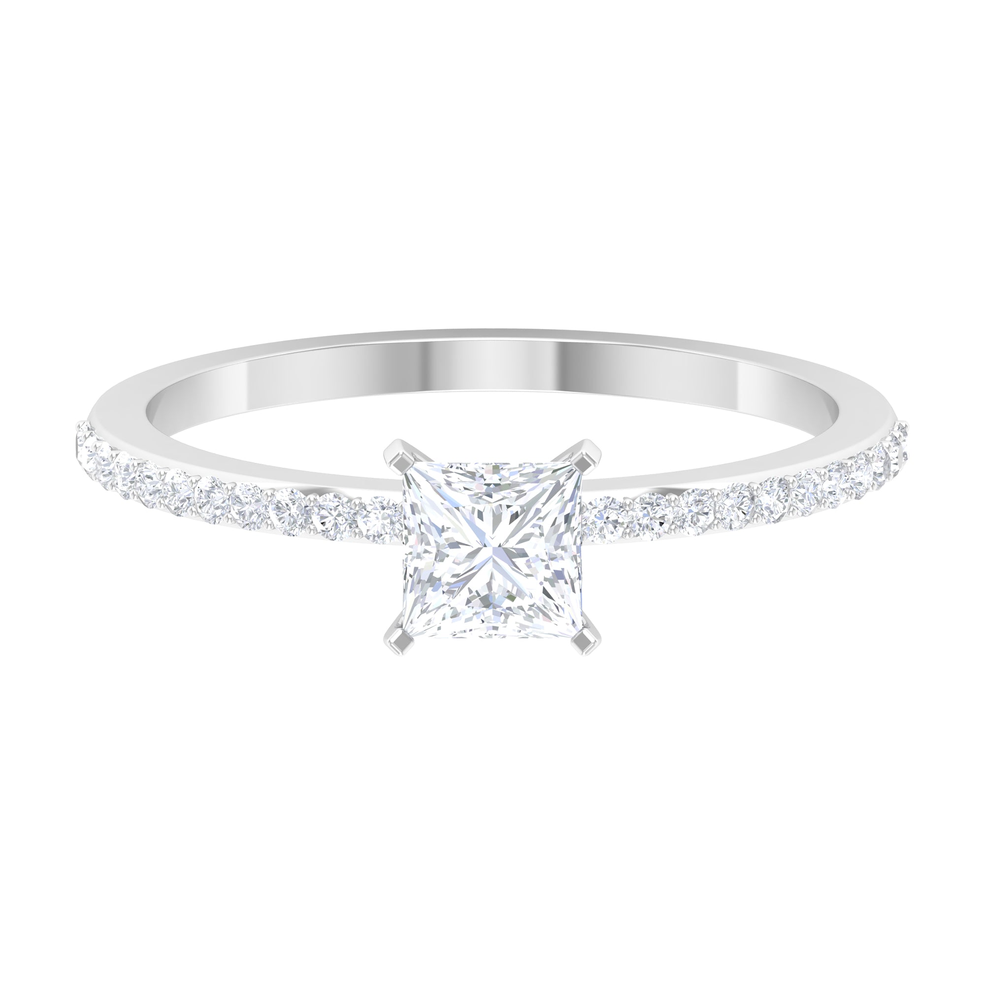 3/4 CT Princess Cut Cubic Zircon Solitaire Ring with Side Stones Zircon - ( AAAA ) - Quality - Rosec Jewels
