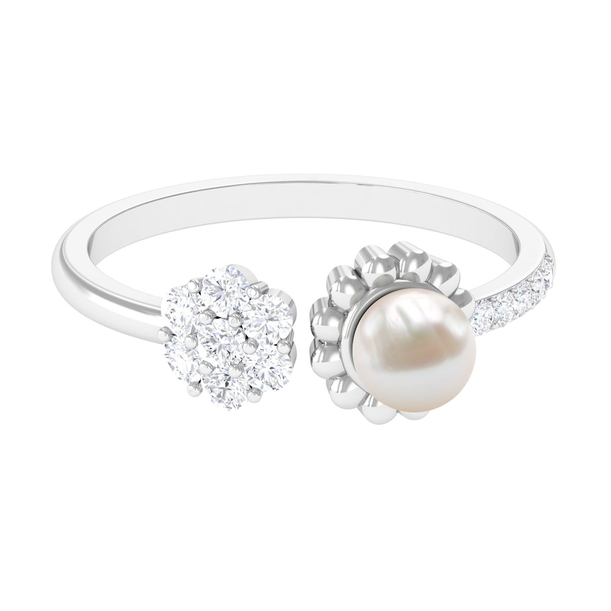 2.50 CT Freshwater Pearl and Diamond Flower Cuff Ring Freshwater Pearl - ( AAA ) - Quality - Rosec Jewels
