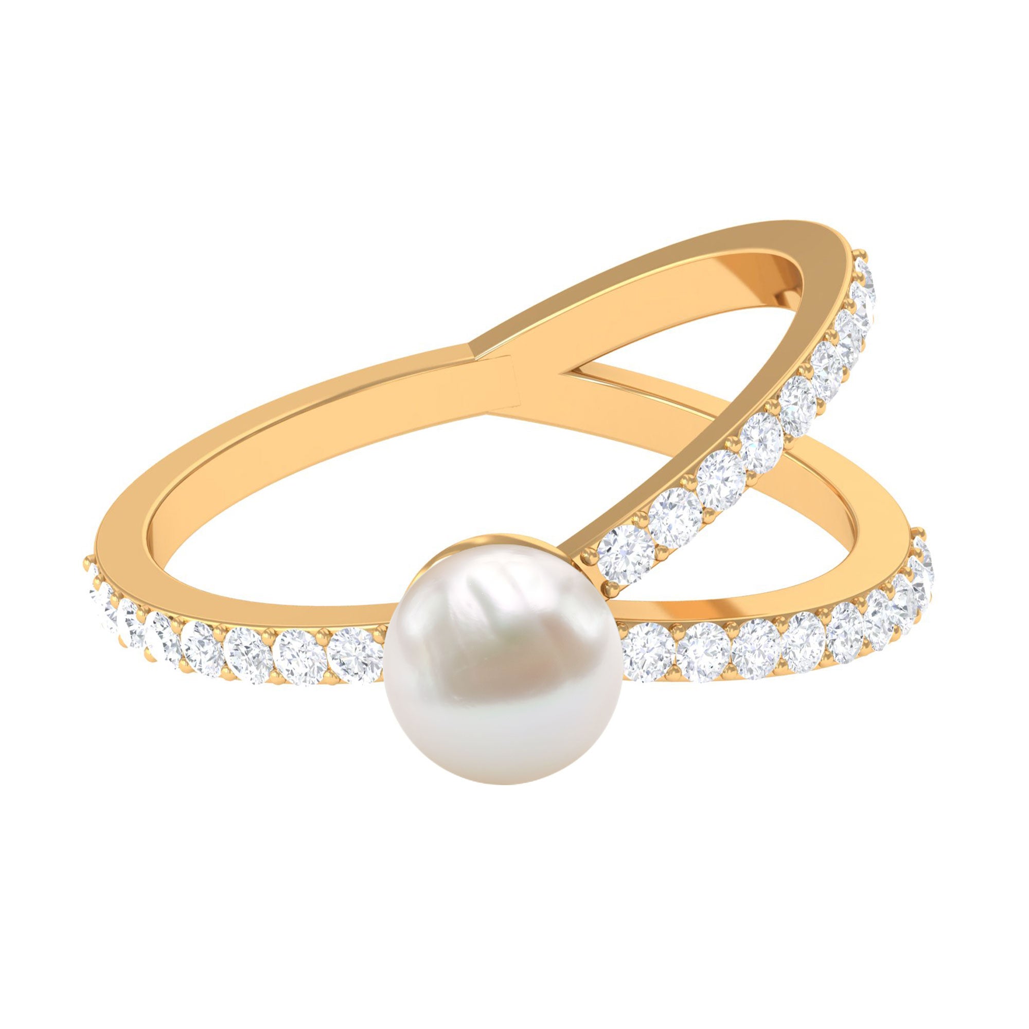 3 CT Freshwater Pearl Solitaire and Diamond Split Shank Ring Freshwater Pearl - ( AAA ) - Quality - Rosec Jewels
