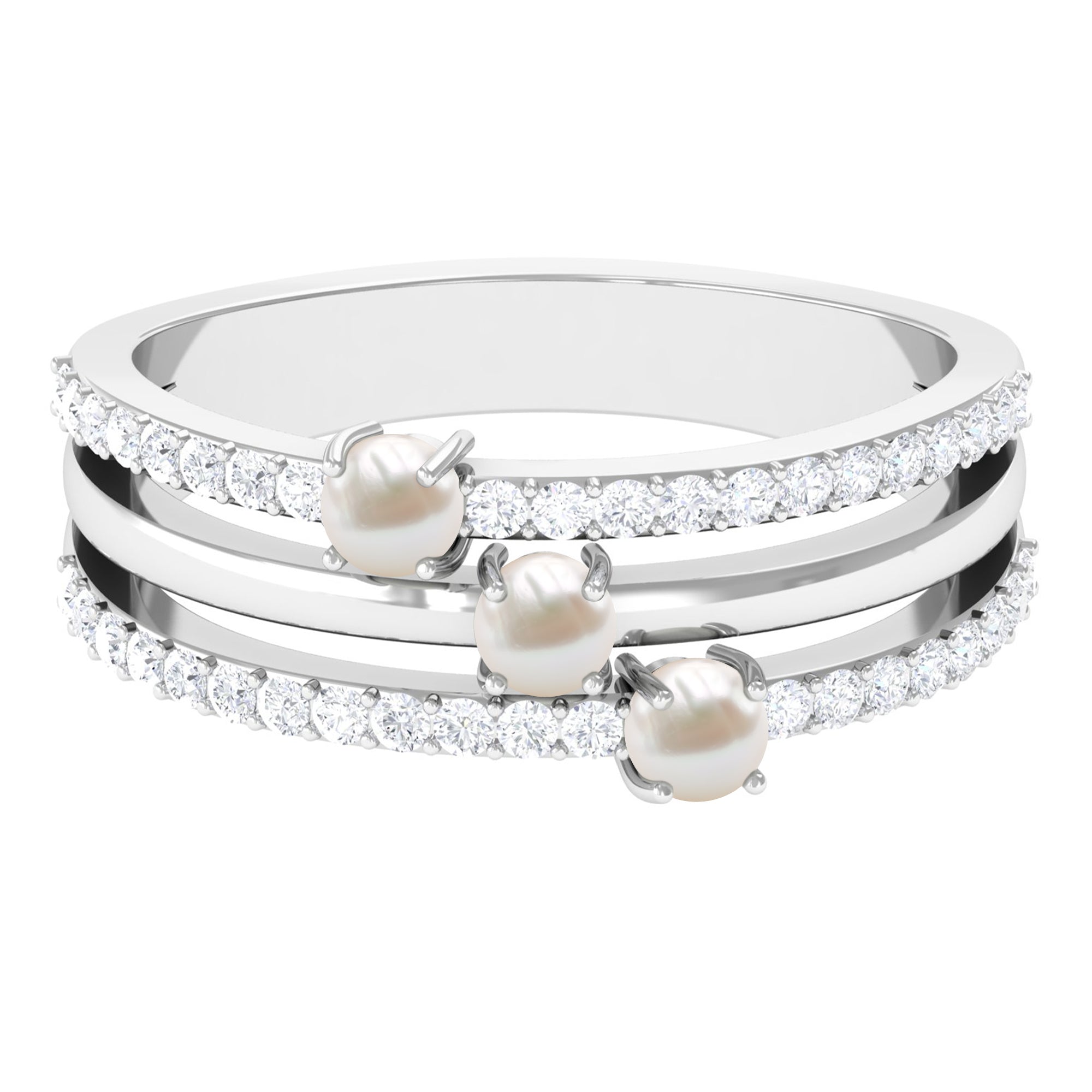 1 CT Freshwater Pearl and Diamond Three Row Band Ring Freshwater Pearl - ( AAA ) - Quality - Rosec Jewels
