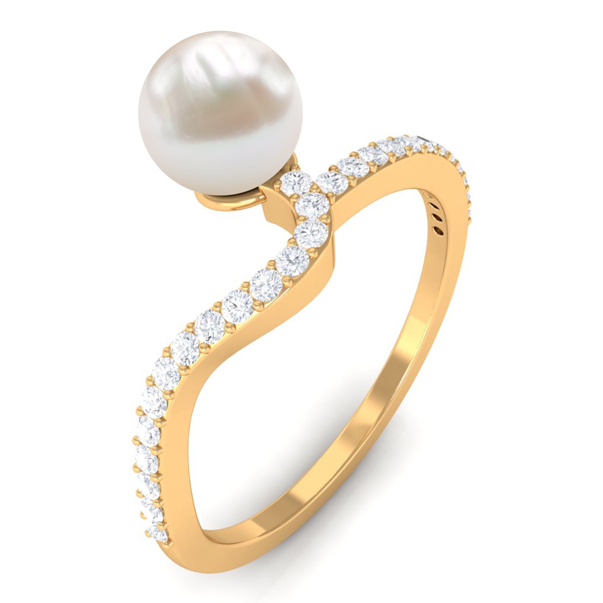 Freshwater Pearl Curved Engagement Ring with Diamond Freshwater Pearl - ( AAA ) - Quality - Rosec Jewels
