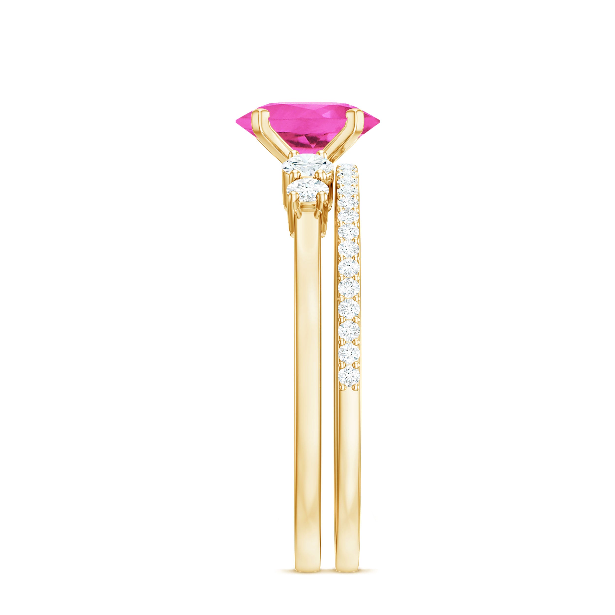 1.50 CT Oval Cut Solitaire Created Pink Sapphire Ring Set with Diamond Lab Created Pink Sapphire - ( AAAA ) - Quality - Rosec Jewels