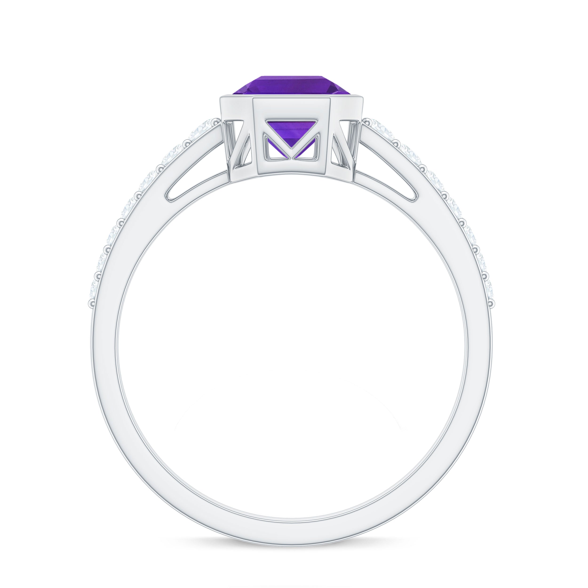 Bezel Asscher Amethyst Solitaire Ring with Diamond Side Stones Amethyst - ( AAA ) - Quality - Rosec Jewels