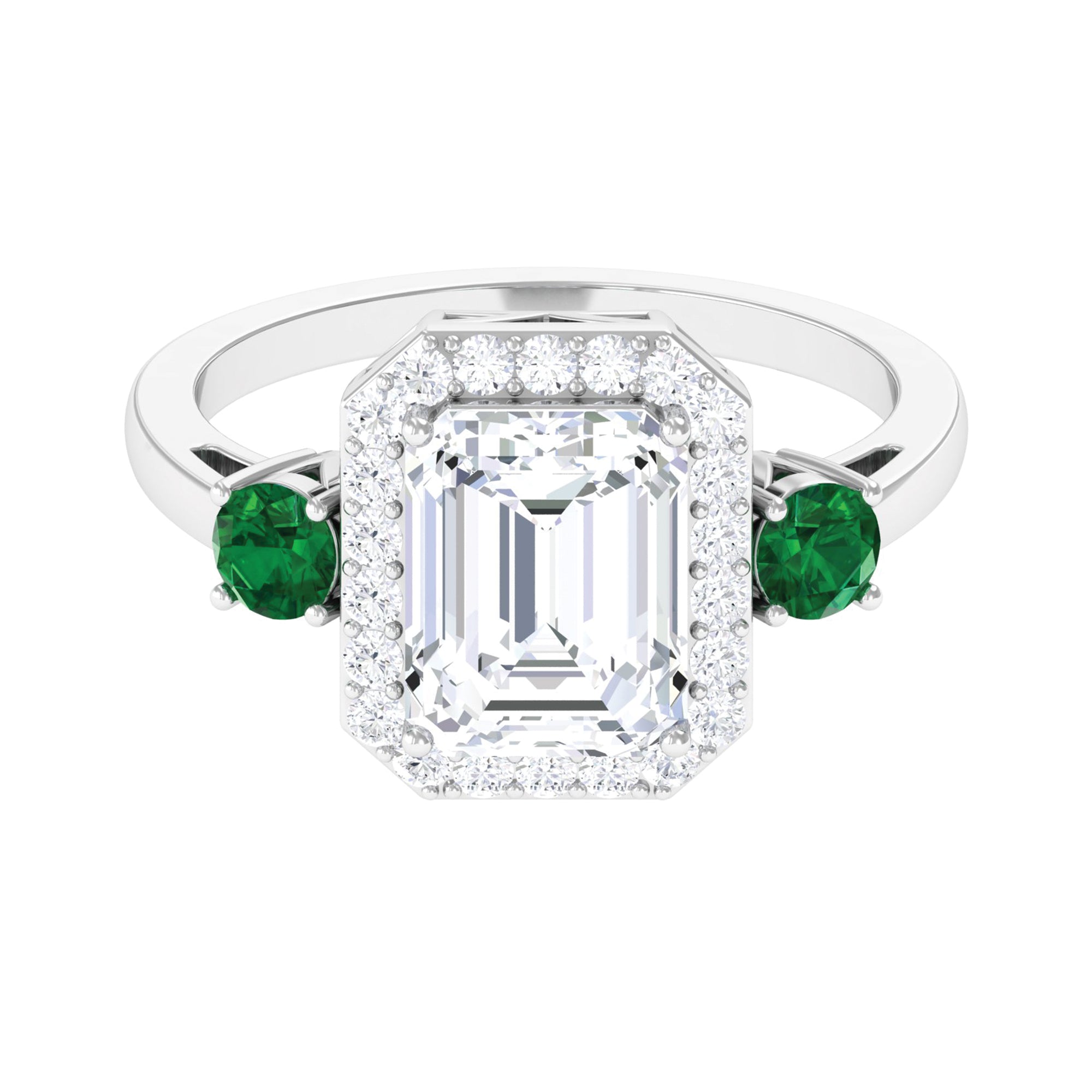 Moissanite Emerald Cut Engagement Ring With Lab Grown Emerald Lab Created Emerald - ( AAAA ) - Quality - Rosec Jewels