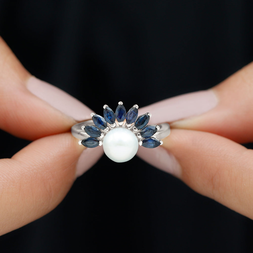 Freshwater Cultured Pearl Floral Inspired Cocktail Ring with Blue Sapphire Freshwater Pearl - ( AAA ) - Quality - Rosec Jewels