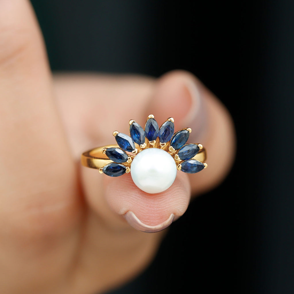 Freshwater Cultured Pearl Floral Inspired Cocktail Ring with Blue Sapphire Freshwater Pearl - ( AAA ) - Quality - Rosec Jewels