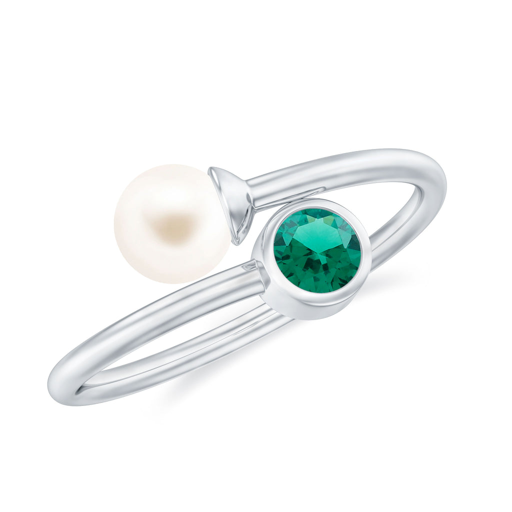 Toi et Moi Emerald and Freshwater Pearl Ring in Gold Emerald - ( AAA ) - Quality - Rosec Jewels