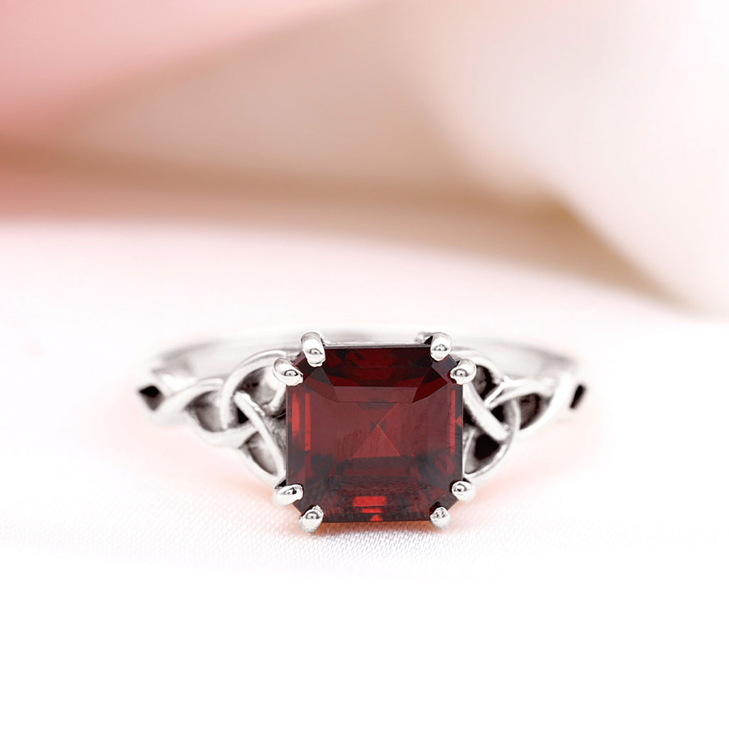 8 MM Asscher Cut Garnet Solitaire Celtic Ring Garnet - ( AAA ) - Quality - Rosec Jewels