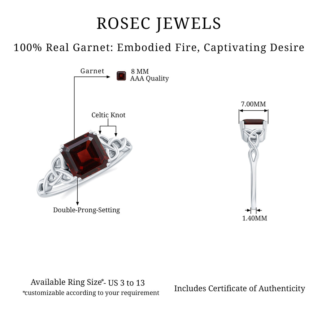 8 MM Asscher Cut Garnet Solitaire Celtic Ring Garnet - ( AAA ) - Quality - Rosec Jewels