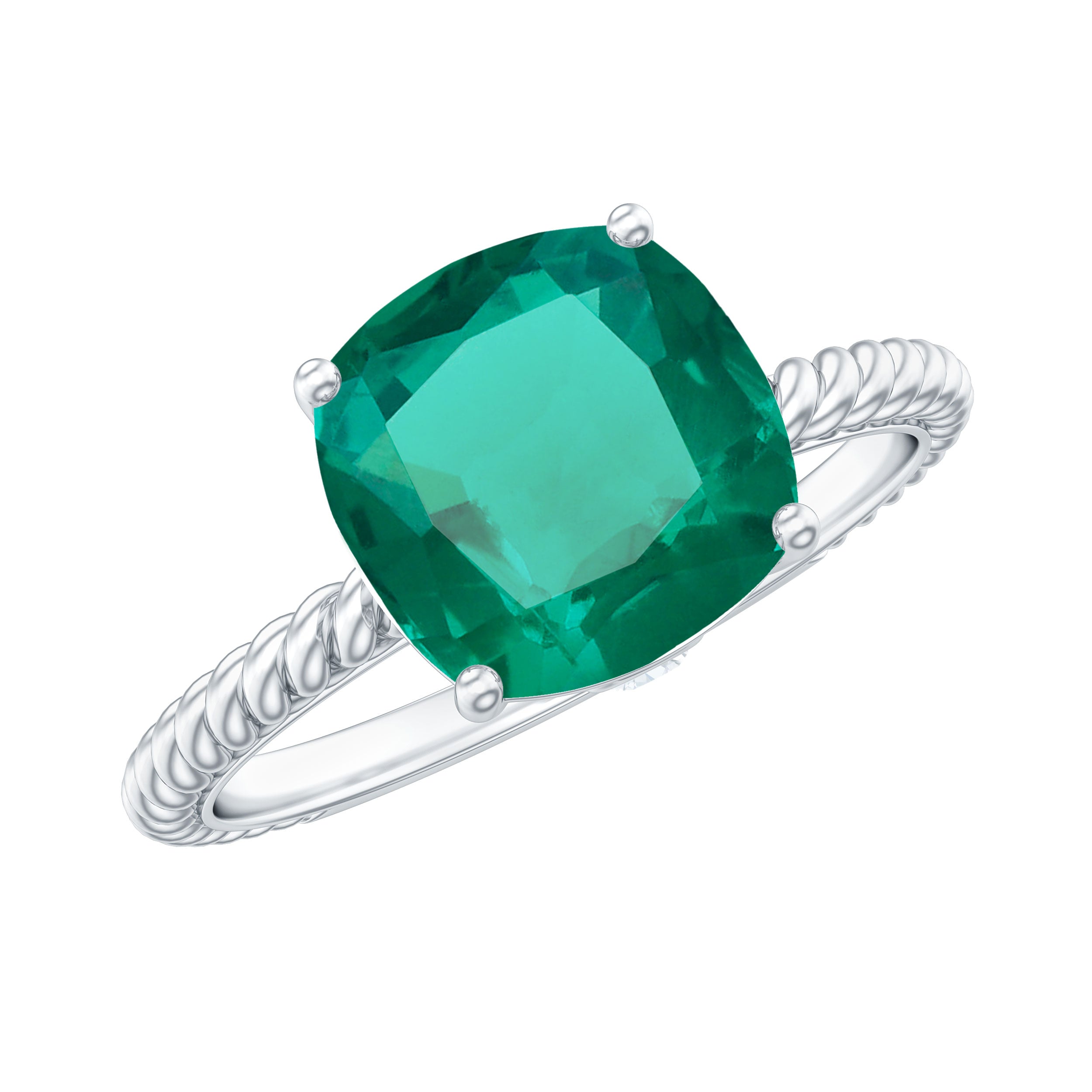 Cushion Cut Created Emerald Solitaire Ring with Diamond Lab Created Emerald - ( AAAA ) - Quality - Rosec Jewels