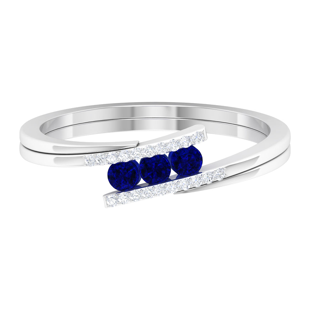 1/2 CT Three Stone Blue Sapphire Bypass Engagement Ring with Diamond Blue Sapphire - ( AAA ) - Quality - Rosec Jewels