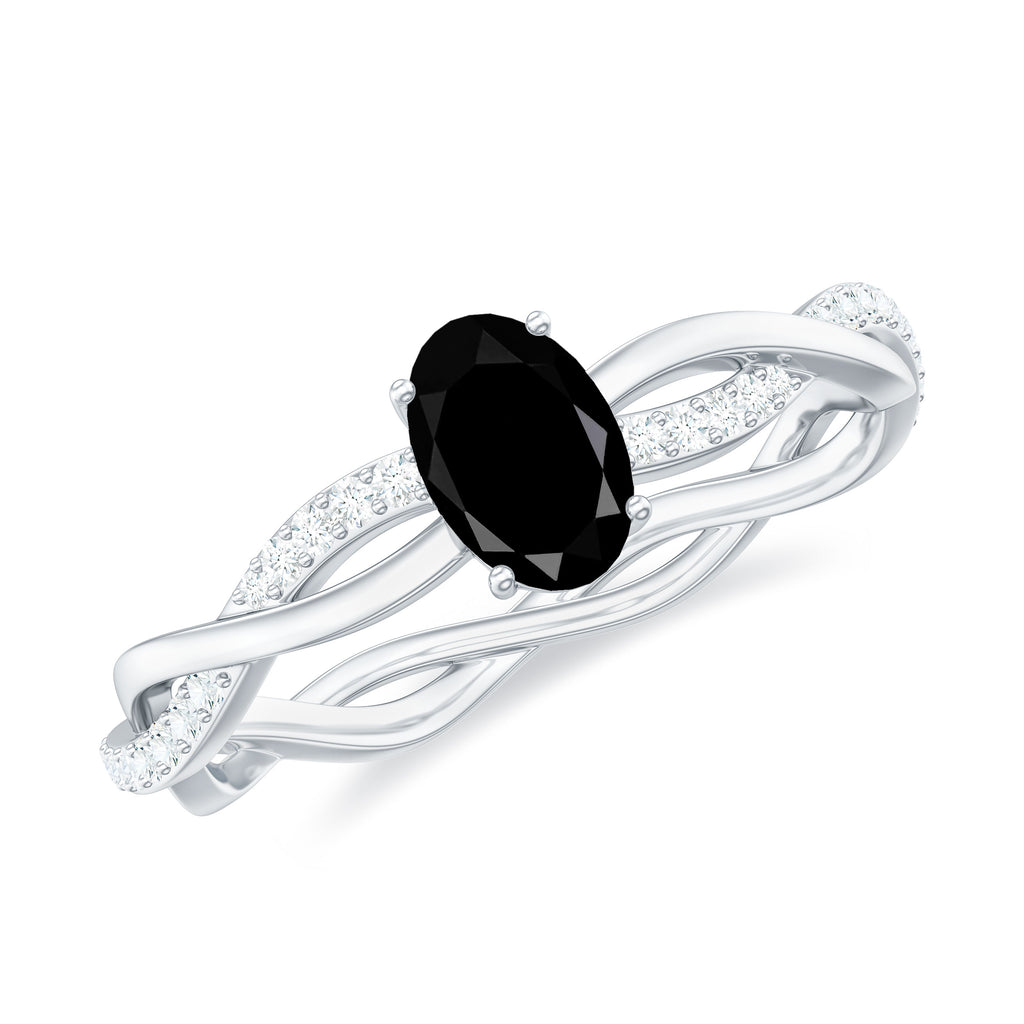 Oval Cut Black Diamond Solitaire Braided Gold Ring with White Diamond Black Diamond - ( AAA ) - Quality - Rosec Jewels