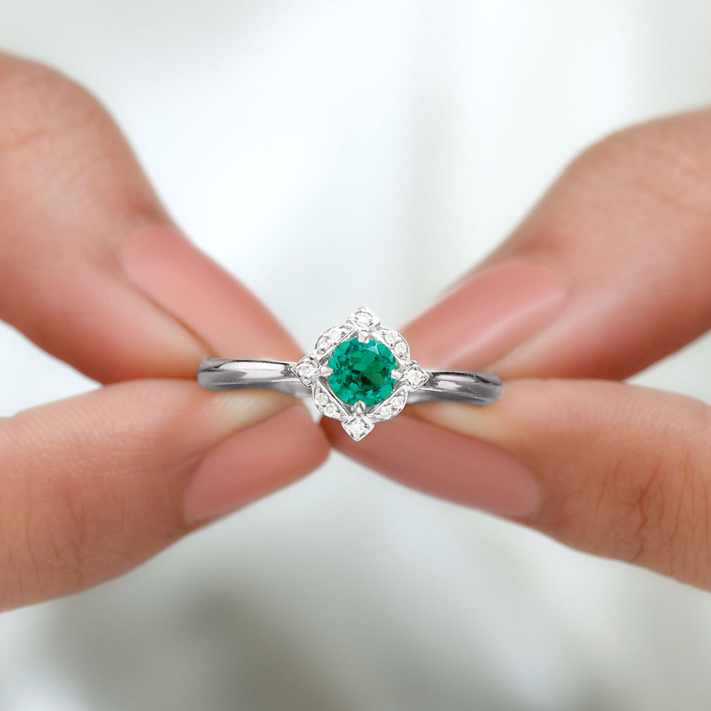 Vintage Style Created Emerald and Diamond Engagement Ring Lab Created Emerald - ( AAAA ) - Quality - Rosec Jewels
