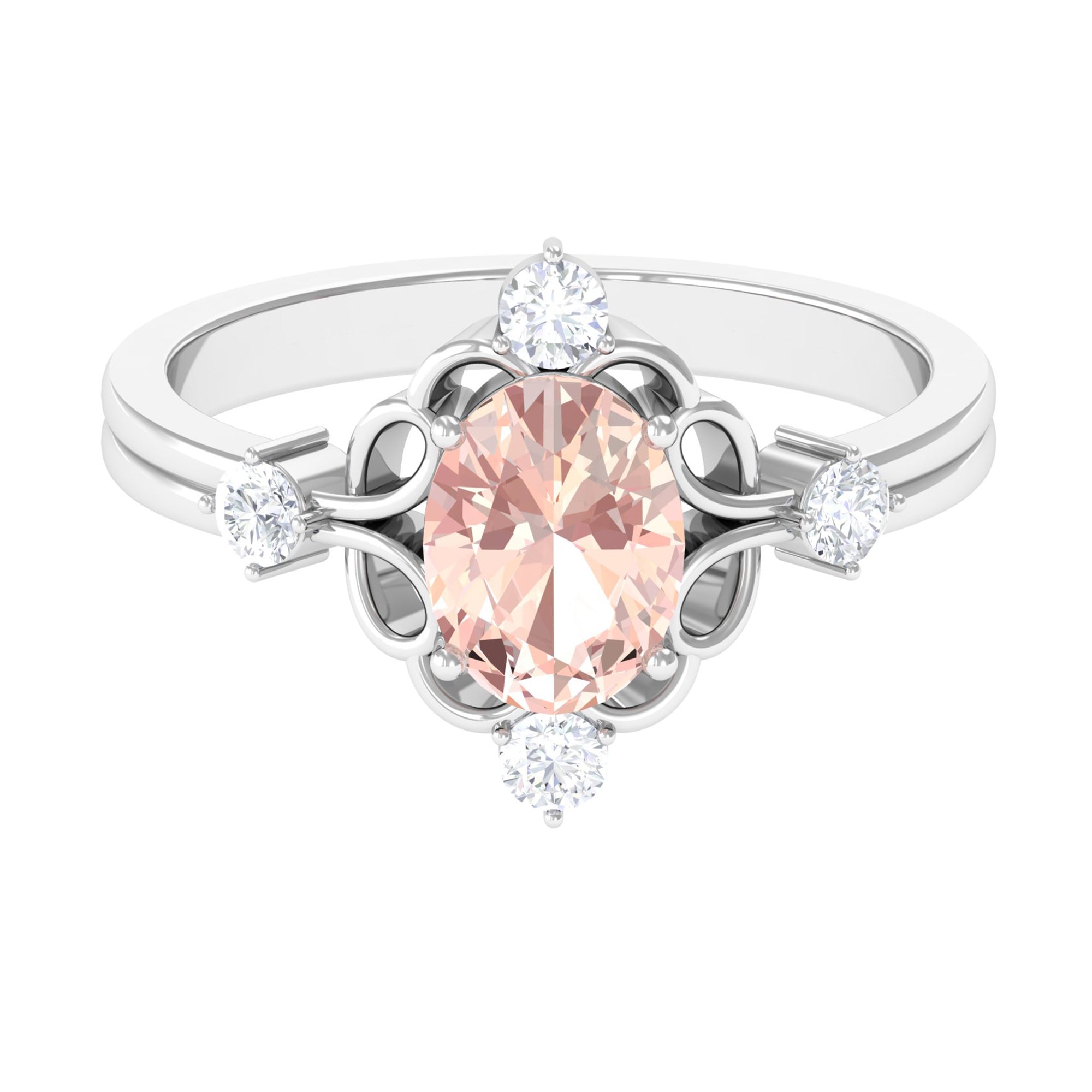 Oval Morganite Cocktail Ring with Diamond Morganite - ( AAA ) - Quality - Rosec Jewels